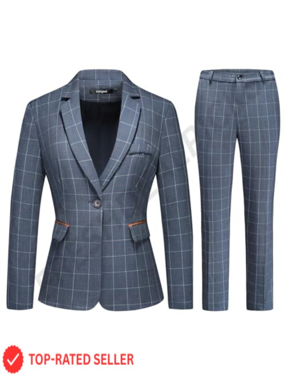 Women's Plaid 2-Piece Pantsuit Blazer with Pockets